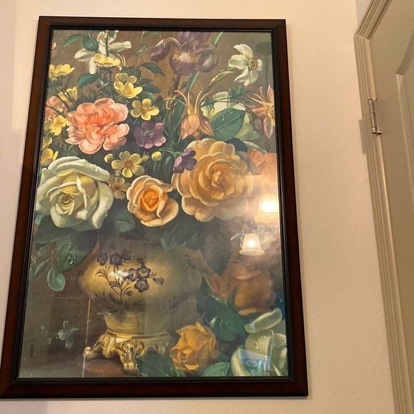 Vintage flower painting with red oak wooded frame.